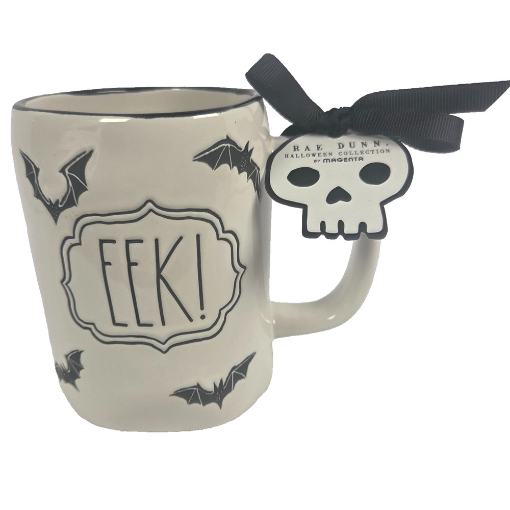 Rae Dunn Halloween EEK Mug 4.75 Inch Bats Skull Tag Magenta Artisan Collection
